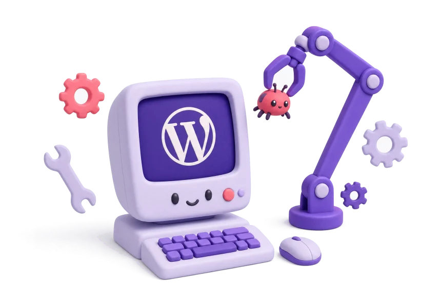 Un bras robotique retire un bug de l'écran d'un ordinateur affichant le logo WordPress