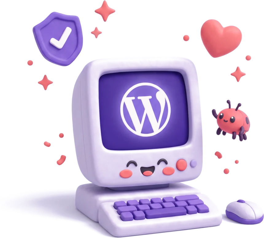 Ordinateur WordPress souriant et réparé, entouré d'un bouclier validé et d'un cœur